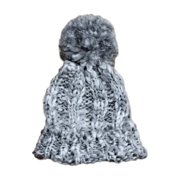 GAP Knit Beanie Hat Gray White‎ Chunky Wool Blend Winter Warm Pom Pom Cap - Picture 1 of 5